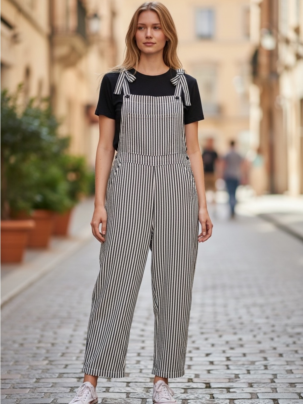 Striped Tie-Shoulder Overalls with Pockets